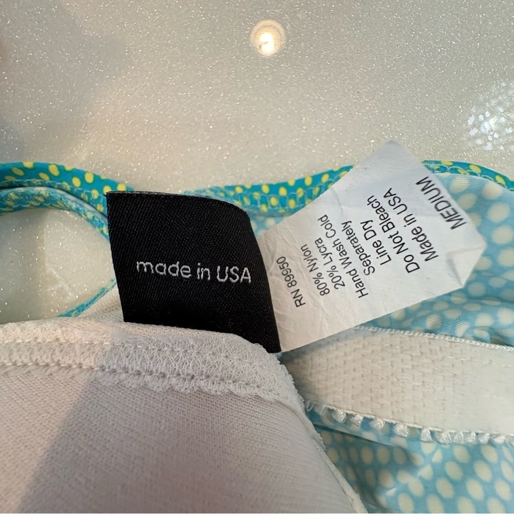 Prego Swimsuit Tank Top Teal Lime Green Polka Dots Cinch On Sides Made In USA - Picture 6 of 10